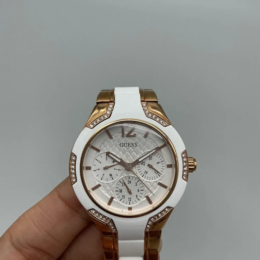Guess U0556L3 Women Watch 36mm Crystals Rose Gold Tone Day Date New Battery 7.5